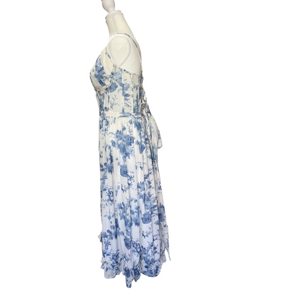 V. Chapman Corset Front-Slit Ruffled Gown – Provencal Blue Floral, Size 12 - Picture 5 of 11